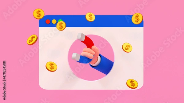Obraz Website monetization concept. Golden coins around web browser and a human hand holding magnet.  3d render illustration.