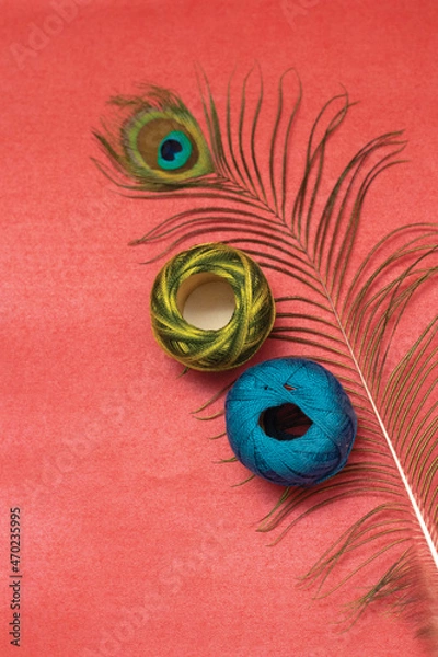 Fototapeta Peacock feather and colorful embroidery thread