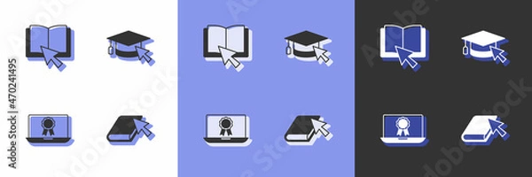 Fototapeta Set Online book, education with diploma and Graduation cap cursor icon. Vector