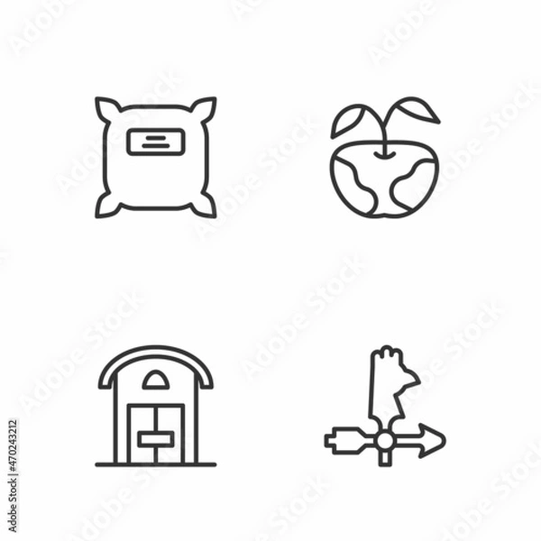 Fototapeta Set line Rooster weather vane, Farm house, Pack full of seeds and Apple icon. Vector