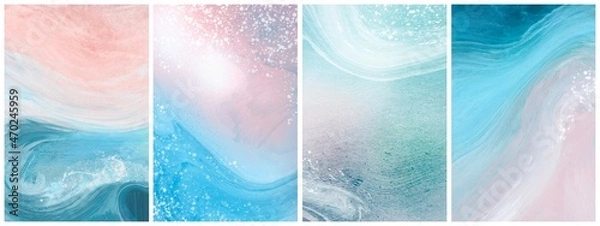 Obraz set of abstract backgrounds with waves, fluid art with splattered paint drops, ocean vibes, turquoise tender templates with space for text, posters, blue and pink interior paintings collection 