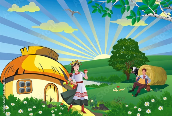 Fototapeta Girl with fruit and a shepherd in nature. Rural landscape. Shepherd with an accordion. Haystack and cow. Folklore. Vector illustration. 