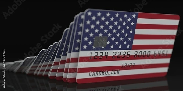 Fototapeta Domino effect, fallen credit cards with flags of the United States. Fictional data on card mockups. Banking collapse conceptual 3d rendering