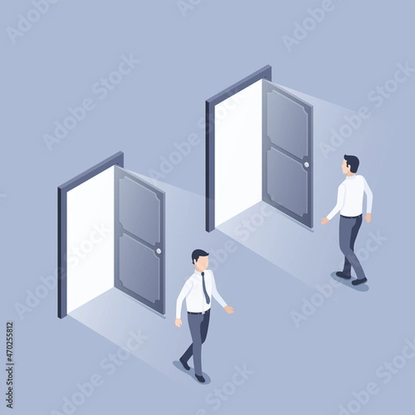 Fototapeta isometric vector illustration on gray background, open door with light and man in business clothes entering and exiting, doors of opportunities