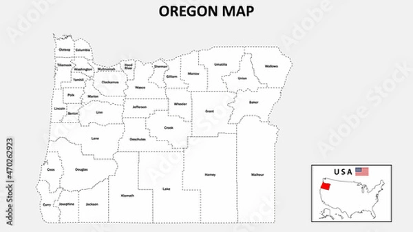 Fototapeta Oregon Map. State and district map of Oregon. Administrative map of Oregon with district and capital in white color.