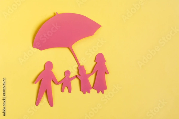 Fototapeta Minimalistic painting of a family under the protection of a large umbrella on a bright yellow background of flats