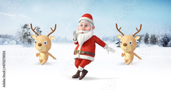 Fototapeta Santa Clause And His Reindeers Dancing At The North Pole. Snowy Day. Christmas, Noel And New Year Related 3D Illustration Render.