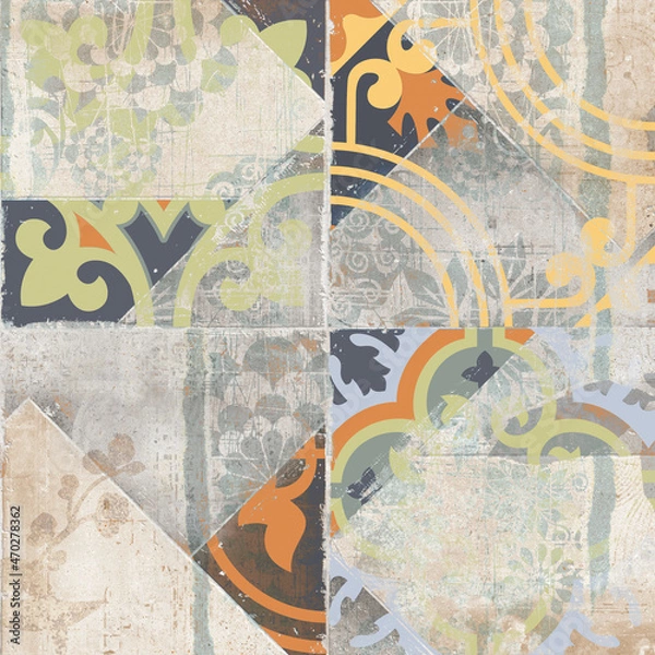 Fototapeta Digital Wall Tile Decor For Home, Ceramic Tile Design, Seamless colourful patchwork in Indian style, wallpaper, linoleum, textile, web page background - 3D Illustration