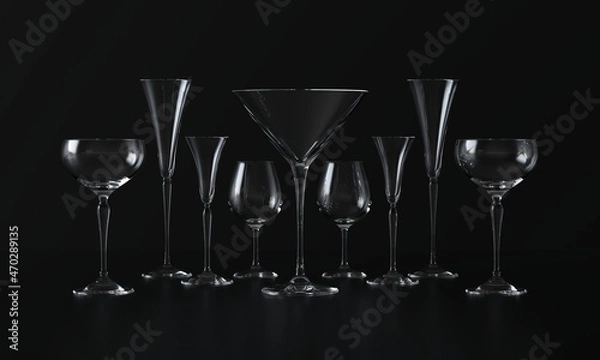 Fototapeta Lots of wine glasses of different shapes. Dark background. 3d rendering