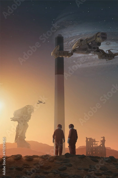 Fototapeta Human civilization destroyed by robots and aliens