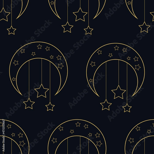 Obraz Seamless pattern with gold moon and stars on black background. Line art vector. Vintage design for print on fabric, wrapping paper, card, wallpaper, packaging. Vector illustration