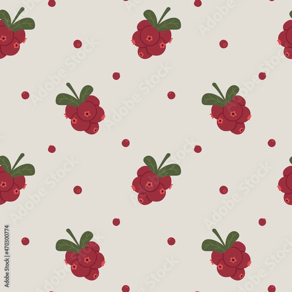 Fototapeta Seamless pattern of cranberry branches. Color vector illustration, doodle style.