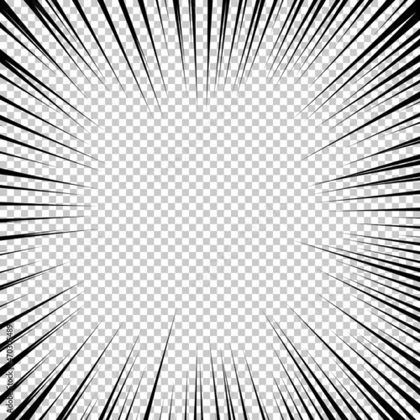 Fototapeta Flash explosion radial lines in comic book or manga style isolated on transparent background. Vector black light strips burst