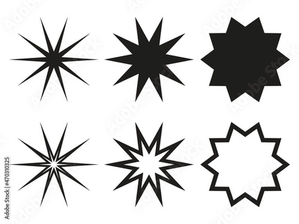 Fototapeta Star shapes collection. Silhouetes and outline ten pointed stars. Simple design elements set. Vector illustration isolated on white.