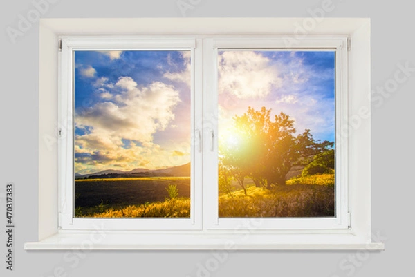 Fototapeta Window view of a beautiful mountain landscape with trees