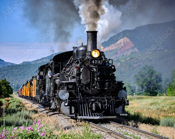 Fototapeta The narrow gauge railroad locomotive under power between Durango and Silverton in Colorado