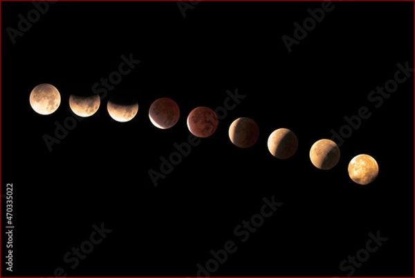 Fototapeta Composite of partial (nearly total) eclipse of the blood, Beaver Moon unfolding over a period of more than four hours the morning of November 21, 2021, viewed from Montgomery County, MD, USA
