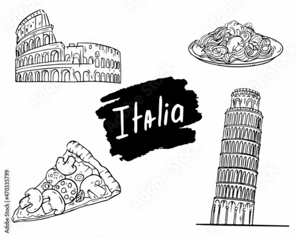 Fototapeta A set of icons on the theme of Italy, pasta, pizza, colosseum. Vector graphics. Vector illustration