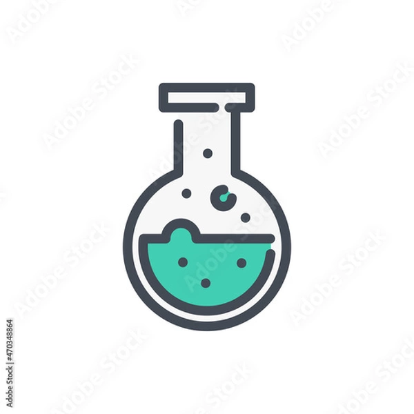Obraz Round bottom flask with liquid color line icon. Laboratory glassware equipment vector outline colorful sign.
