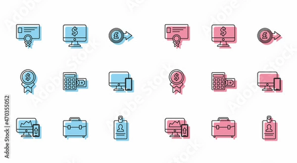 Fototapeta Set line Financial chart or graph on the computer monitor and mobile phone, Certificate template, Identification badge, Calculator with dollar symbol, Computer, Reward for good work and icon. Vector