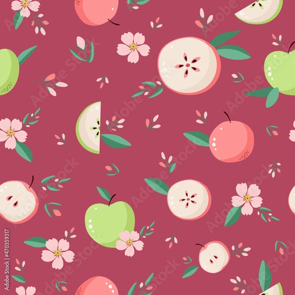 Fototapeta Vector pattern with apples on a burgundy background. Blooming apple tree, flowers, buds and leaves in flat style. Fruit ornament, cut apples.