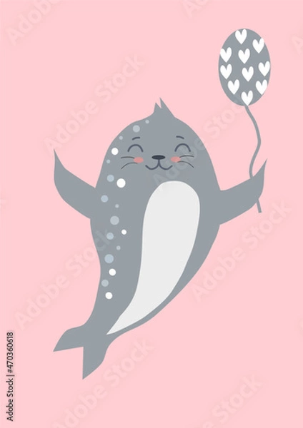 Fototapeta cartoon cute seal with a balloon with hearts on a pink background. Vector graphics.