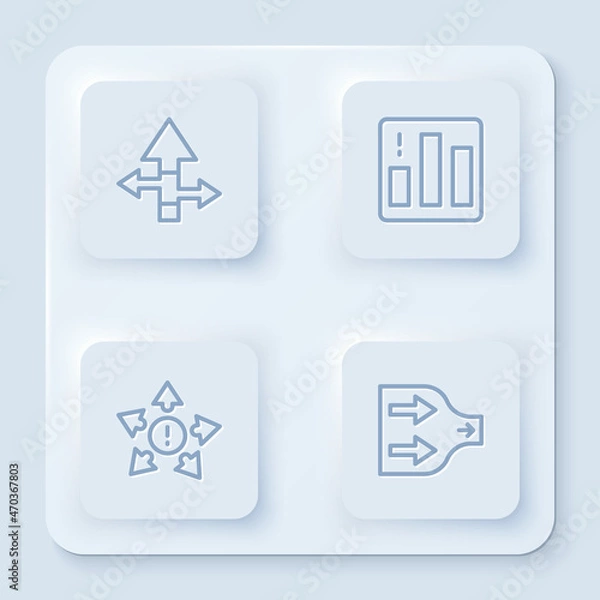 Fototapeta Set line Arrow, Pie chart infographic, Many ways directional arrow and . White square button. Vector