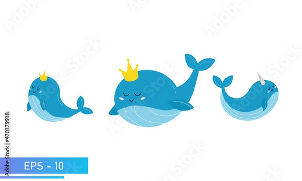 Obraz Set of cute blue whale in delicate blue colors and a golden crown on his head or party hat. Proud and sweet. Vector illustration.