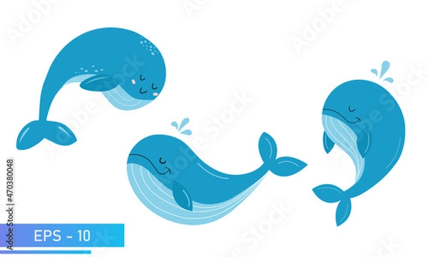 Obraz Set of cute blue whale in delicate blue colors and splashes water. Proud and sweet. Vector illustration.