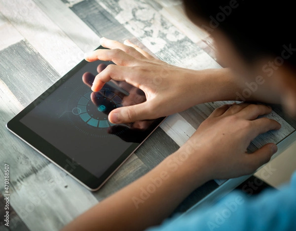 Fototapeta smart house, device with app icons. Man uses his smartphone security app to unlock the door of his house. High quality photo