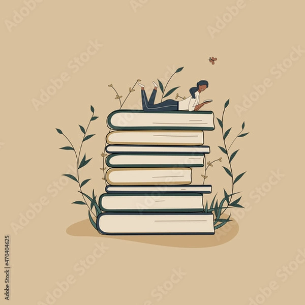 Fototapeta Concept:book is source of knowledge.Tiny african woman lying on stack of books and reading book.Pile of volumes surrounded by plants as symbol of education.For library or bookstore.Hand drawn raster