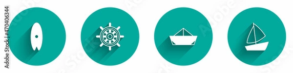 Fototapeta Set Surfboard, Ship steering wheel, Folded paper boat and Yacht sailboat icon with long shadow. Vector