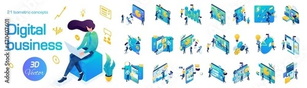 Fototapeta Isometric Set Digital Business Concepts. Creative teams solve business problems. Businessmen and Businesswomen. For Vector Illustrations