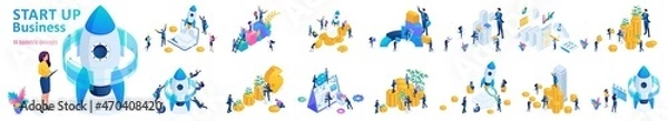 Fototapeta Set Isometric Business Startup Concepts. Young teams are launching businesses, attracting investments, celebrating victory. For Vector Illustrations