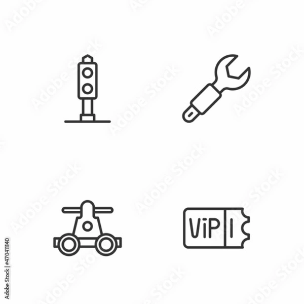 Obraz Set line Train ticket, Handcar transportation, traffic light and Wrench spanner icon. Vector