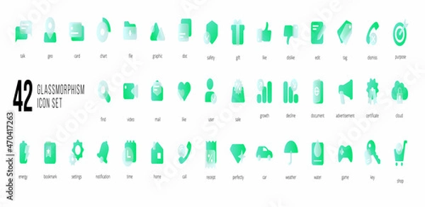 Fototapeta A set of green vector icons of modern trend in the style of glass morphism with gradient, blur and transparency. The collection includes 42 icons in a single style of business, finance, UX UI