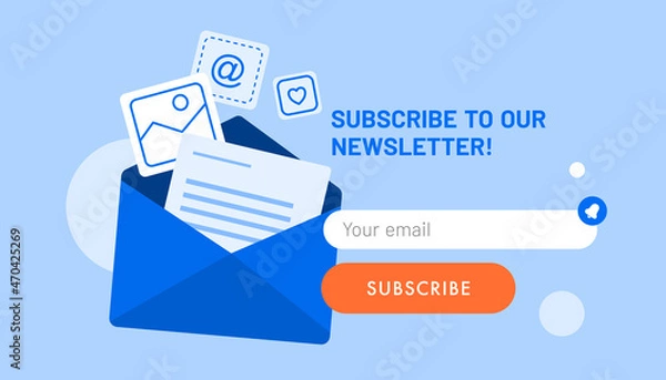 Fototapeta Newsletter subscription banner. Vector illustration for online marketing and business. Open envelope with different documents and photos flying out. Template for mailing and newsletter.