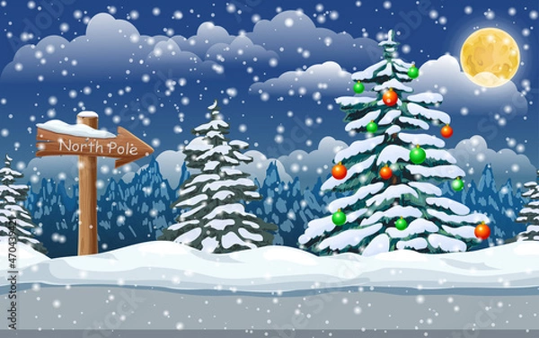 Fototapeta winter snowy night landscape. Christmas banner with spruce tree, wooden north pole sign in snow, snowfall and moon. cute festive illustration great for holiday design. cartoon style vector clipart.