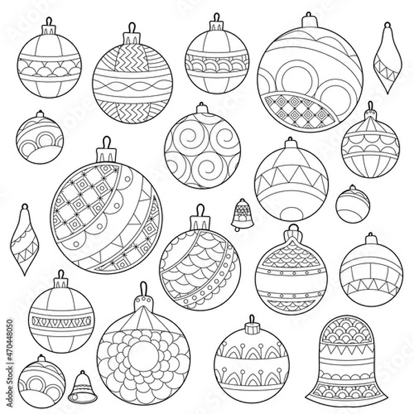 Fototapeta Isolated festive objects for Christmas tree decoration. Black and white festive balls on white background. Elements for season design and coloring book