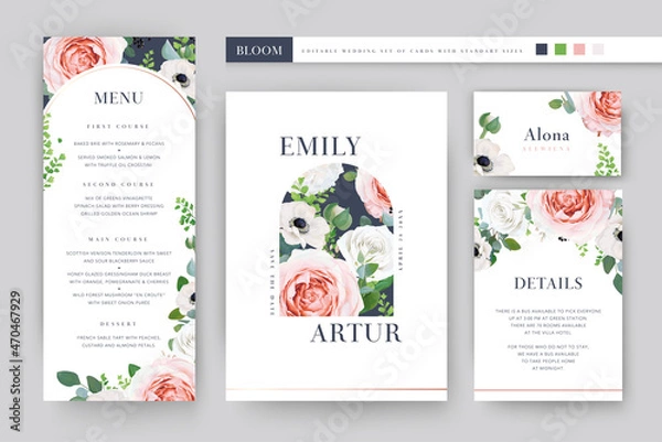 Fototapeta Vector template set. Elegant editable floral invite, save the date, place card, details, menu. Stylish invitation design. Watercolor peach pink garden roses, white anemone flower, eucalyptus green bra