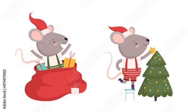 Obraz Cute Grey Mouse in Christmas Santa Hat Jumping Out of Sack with Gifts and Decorating Fir Tree Vector Set