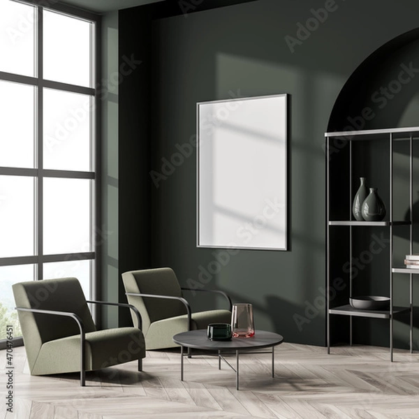 Obraz Dark guest room interior with armchairs and rack near window, mockup poster