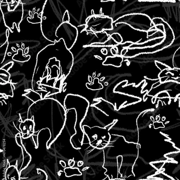 Fototapeta Hand Drawn Children scribbles, Seamless pattern with abstract Cats scribble, Crayon Tiled Background, Kid pencil drawing, Cats sketch texture, Children doodle Black and white chalk on black background