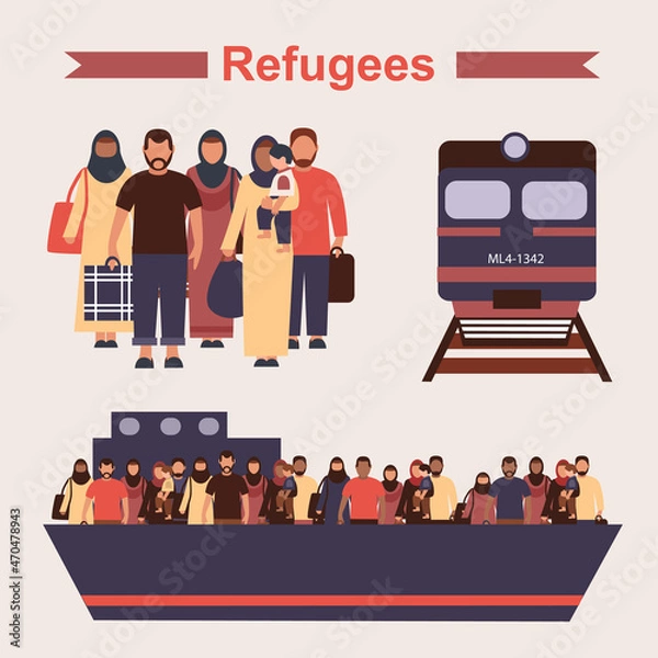Fototapeta Group of refugees, migration crisis. Emigrants on the ship and on the train. War migration waves going to Europe. World Refugee day concept. International Migrants Day concept. 