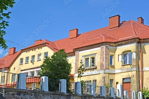 Fototapeta Detail of a high school building (formerly Lauken Castle) on a summer day. Saranskoye village, Kaliningrad region