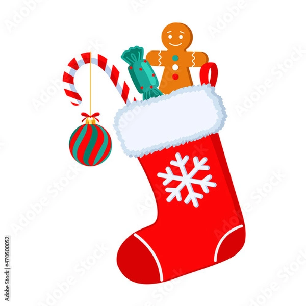 Fototapeta Christmas boot stocking with gifts. Vector
