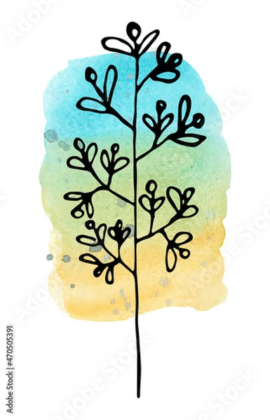 Fototapeta Watercolor blue yellow background and black contour twigs. Hand-drawn, background and twig are isolated from each other, can be moved to your liking.