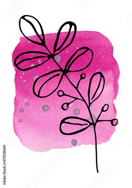 Fototapeta Watercolor pink background and black contour twigs. Hand-drawn, background and twig are isolated from each other, can be moved to your liking.
