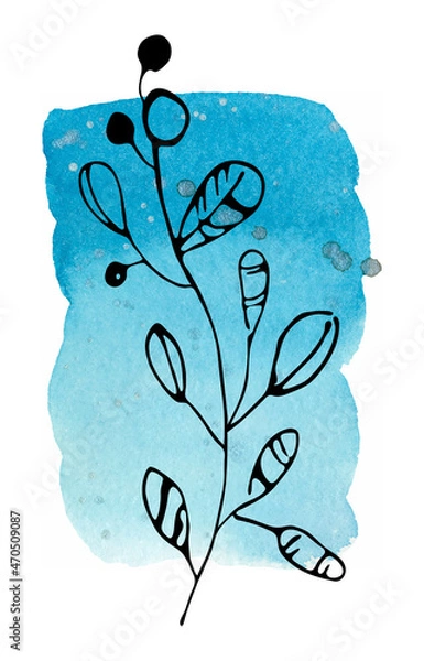 Fototapeta Watercolor blue background and black contour twigs. Hand-drawn, background and twig are isolated from each other, can be moved to your liking.