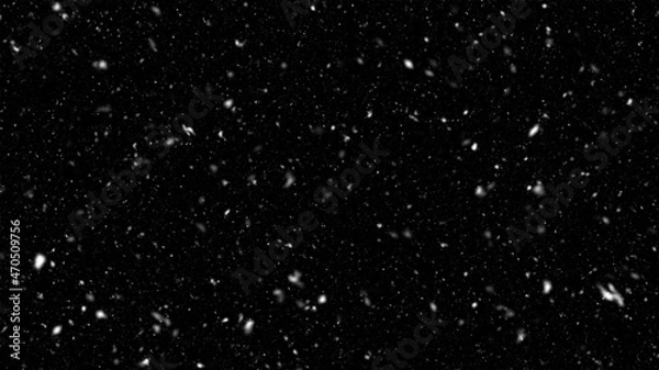 Obraz Flocons de neige réalistes tombant - Calque avec fond noir à superposer / Overlay | Falling realistic natural snowflakes from top to bottom, calm snow for digital composition	
